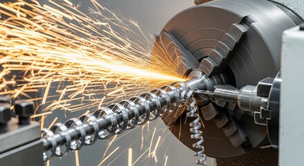 Naklejka premium Close-up of a precision metal lathe turning a steel rod, creating bright sparks and spiral metal shavings during the industrial machining, production, shavings, factory