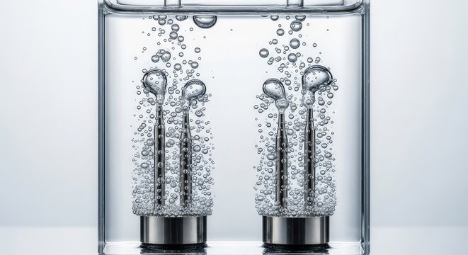 Close up view of electrodes in a transparent electrochemical cell producing hydrogen and oxygen bubbles during a water splitting reaction, anode, voltage, ecological