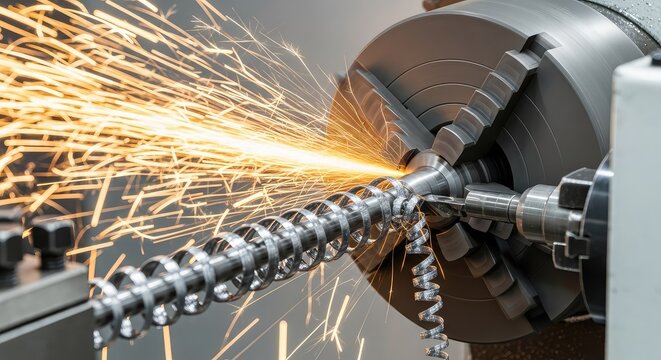 Close-up of a precision metal lathe turning a steel rod, creating bright sparks and spiral metal shavings during the industrial machining, production, shavings, factory