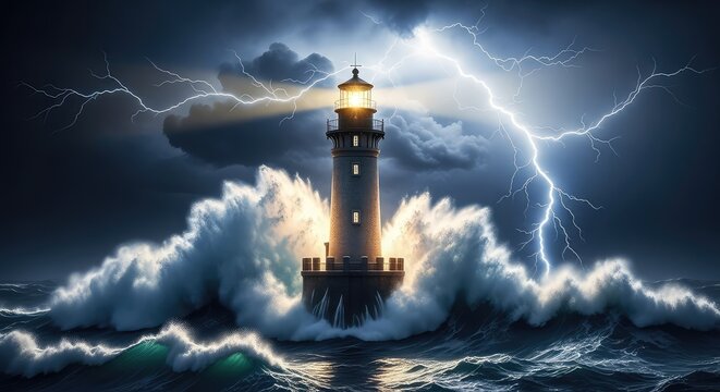 Dramatic illustration of a sturdy lighthouse facing crashing waves during a violent night storm with bright lightning bolts in the sky, night, surf, spray