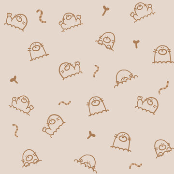Cute mole seamless pattern with worms and burrow doodles