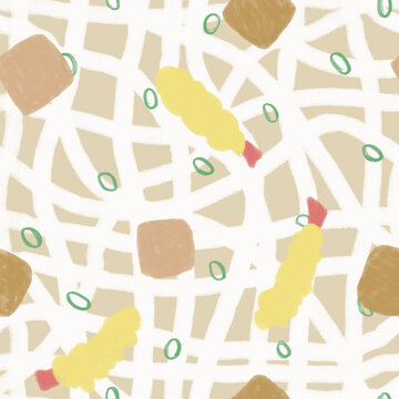 Cute udon noodle seamless pattern with tempura and green onion