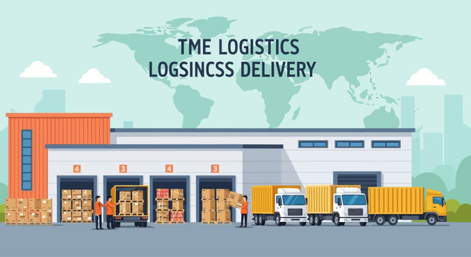 Logistics and delivery trucks loading and unloading goods at warehouse.