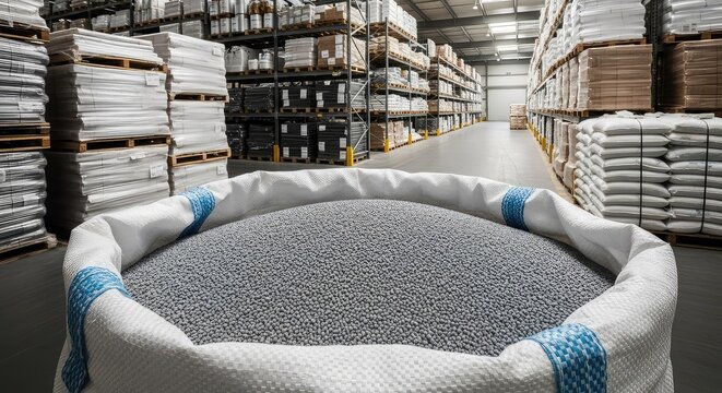 Gray plastic granules inside an open industrial bag in a large warehouse filled with stacked pallets of raw material for manufacturing, material, stack, polyethylene
