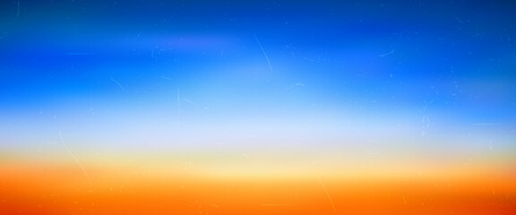 Vibrant blue and orange gradient background with retro grain and dust scratches texture. Abstract colorful desert horizon sky backdrop for modern summer travel design template © Iryna