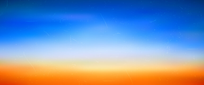Vibrant blue and orange gradient background with retro grain and dust scratches texture. Abstract colorful desert horizon sky backdrop for modern summer travel design template