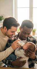 Naklejka premium Two fathers feeding a baby from a bottle, symbolizing love, family, and care, with soft natural light and a clean indoor setting.
