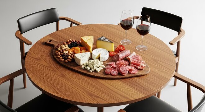 Mesa de madera redonda con tres sillas modernas, tabla con quesos, salames, frutos secos y dos copas de vino tinto en interior iluminado, round, design, wooden