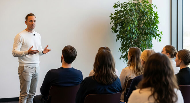 A man in a white sweater lectures to an audience seated in chairs, symbolizing education, presentation, and knowledge sharing, ideal for business or conference themes