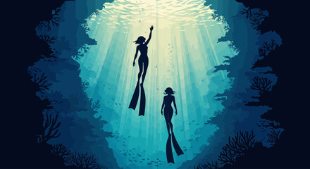 Scuba divers exploring ocean depths, underwater adventure concept, blue silhouette © Vasant