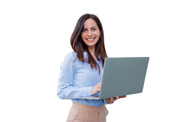 Smiling young woman holding laptop, standing and working, presenting technology and digital...