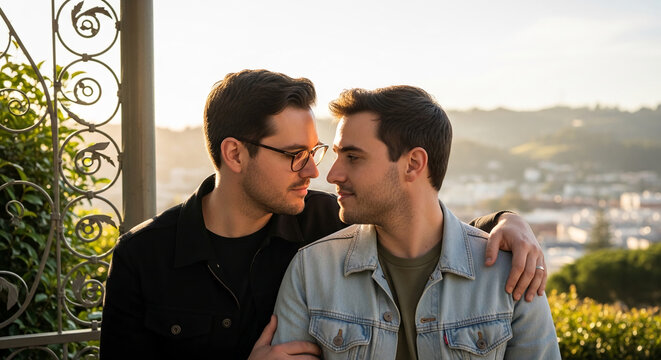 Close-up of two men embracing, with a blurred cityscape and lush greenery in the background, symbolizing love, connection, and togetherness, perfect for lifestyle or romance themes