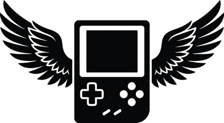Retro handheld game console with wings vector illustration. Minimalist silhouette of a vintage gaming gadget, esports and video game logo concept. © mdnoor