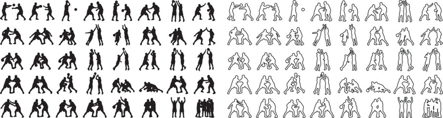 Martial arts silhouettes and line art icons, 80 combat sports elements, karate and judo fighting poses, wrestling and grappling vector set © Template 