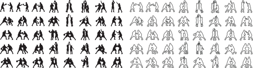 Martial arts silhouettes collection, 80 karate and judo combat icons, black and white wrestling figures, sport fighting vector set for infographics © Template 