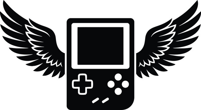 Retro handheld game console with wings vector illustration. Minimalist silhouette of a vintage gaming gadget, esports and video game logo concept.