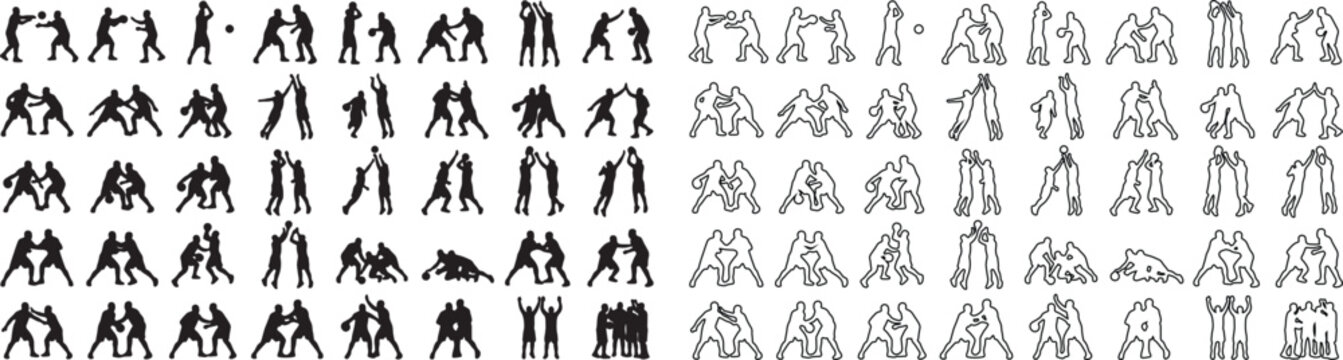Martial arts silhouettes and line art icons, 80 combat sports elements, karate and judo fighting poses, wrestling and grappling vector set