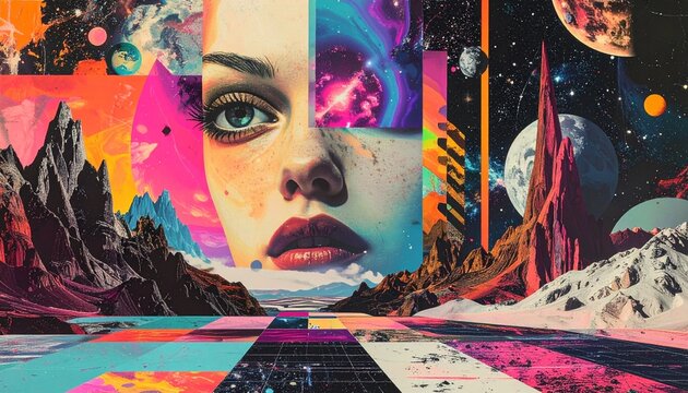 レトロポップでサイケデリックな宇宙のコラージュアート。女性の顔と惑星、幻想的な山脈が融合したビビッドカラーのグラフィック背景素材。