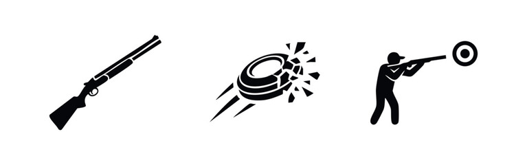 Clay Pigeon Shooting Icons Set - Shotgun, Broken Target, and Shooter Silhouette © Lili