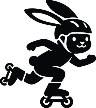 Cute bunny roller skating vector illustration. Minimalist silhouette of a rabbit character wearing a helmet and inline skates, active sport concept.
