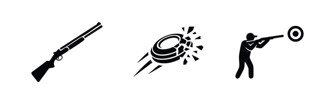 Clay Pigeon Shooting Icons Set - Shotgun, Broken Target, and Shooter Silhouette