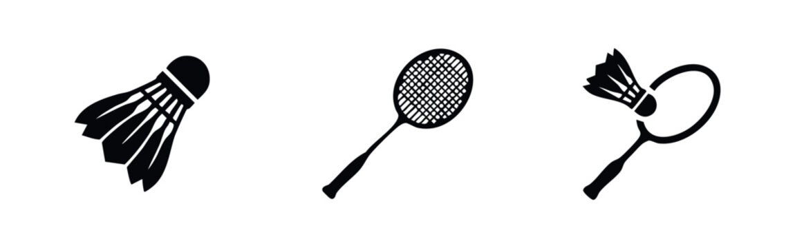 Badminton Sport and Game Icons Set - Shuttlecock, Racket, and Playing Action