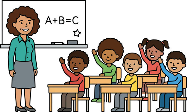 Female teacher teaching elementary students in classroom with blackboard vector illustration