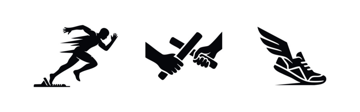 Athletics and Running Icons Set - Sprinter, Relay Pass, and Winged Running Shoe