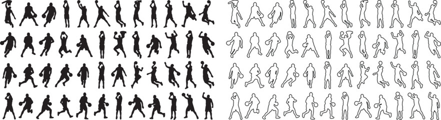 Basketball player silhouettes and line art icons, set of 80 athletic poses in vector format, black sports figures jumping and dribbling © Template 