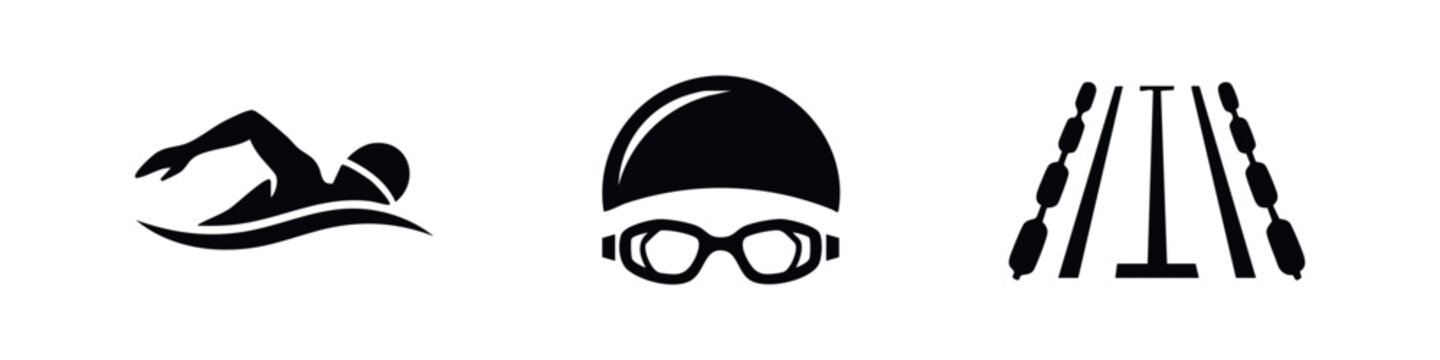 Swimming and Aquatic Sport Icon Set with Goggles and Lanes
