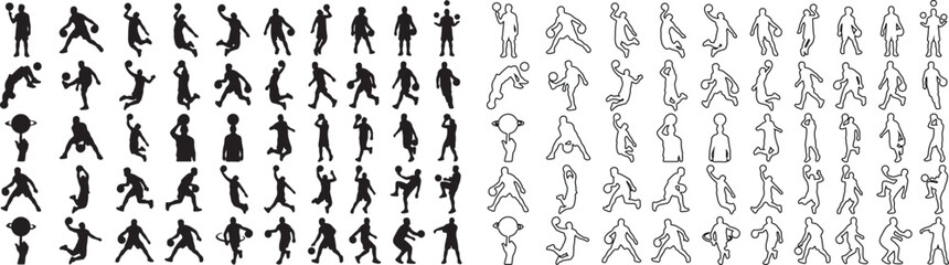Basketball player silhouettes and outline icons set, professional athlete action poses, 100 sports vector elements for team branding and graphic design © Template 