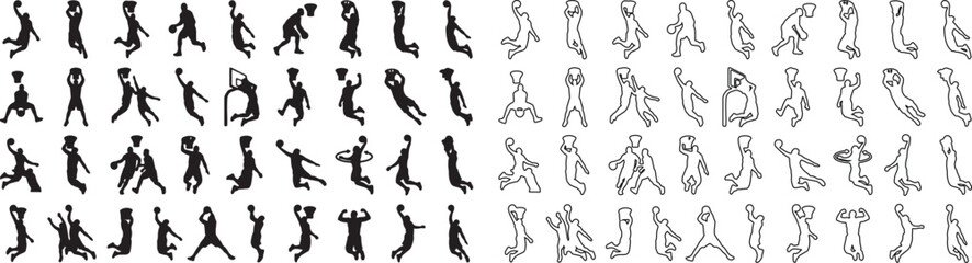 Basketball player silhouettes and line art icons, 80 sports action vector elements, professional athlete dunking and dribbling poses for athletic design © Template 
