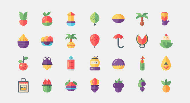 Colorful vector icons of various summer elements