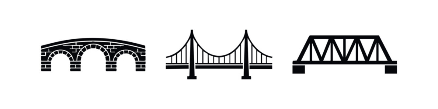 Bridge Icons Set with Arch Suspension and Truss Designs