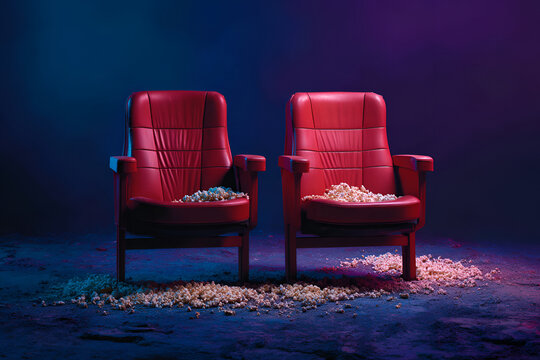 Two red plush cinema chairs with popcorn strewn about, bathed in dramatic blue and purple lighting on a dark surface