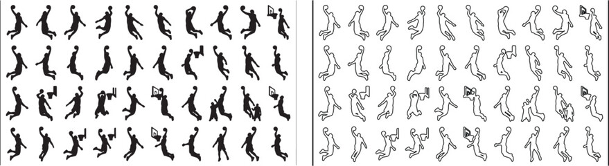 Basketball player silhouettes set, 80 athletic male figures jumping and dunking, black solid and outline vector icons for sports branding and design © Template 