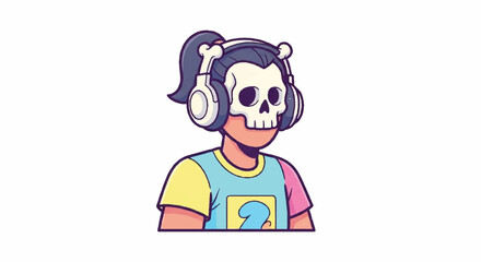 Fototapeta premium Skull Masked Person Wearing Headphones and Colorful Shirt.