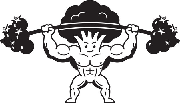 Muscular cartoon character lifting heavy weights with large afro hairstyle and strong body