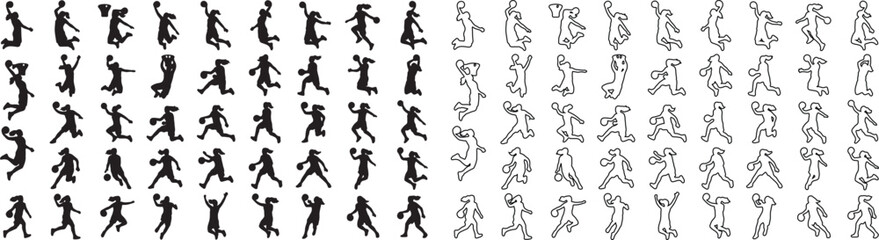 Basketball player silhouettes set, 80 athletic sports icons in solid and outline styles, professional basketball action poses for sports design © Template 