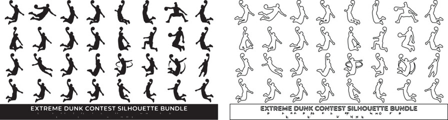 Extreme dunk contest silhouette bundle, basketball player jumping and slam dunking vector set, athletic sports action poses for graphic design © Template 