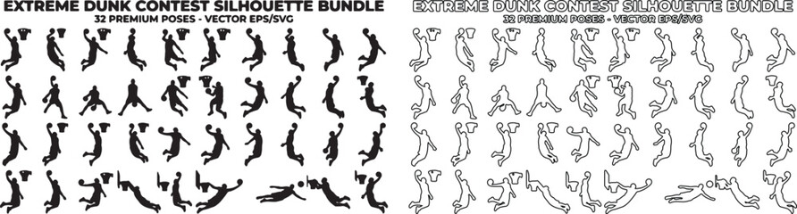 Extreme basketball dunk contest silhouette bundle, 32 premium poses in vector EPS and SVG, black athletic player silhouettes and line art outlines © Template 