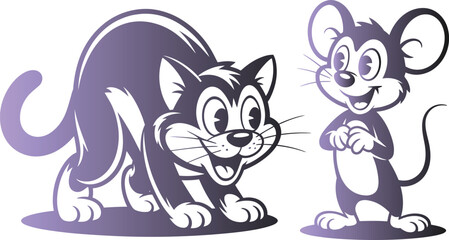 Fototapeta premium Cartoon cat and mouse, purple monochrome illustration, animal duo, vector icons