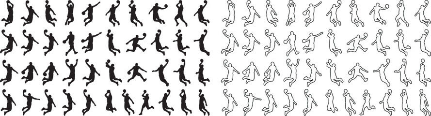 Basketball player silhouettes set, jumping athlete vector icons, black solid and outline sports figures, 80 basketball action poses for team branding © Template 
