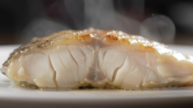 Closeup of a perfectly cooked white fish fillet with steam rising.
