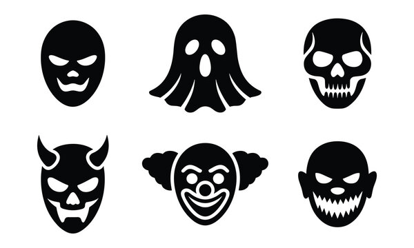 Scary halloween masks faces ghost skull devil clown monster vector icons.
