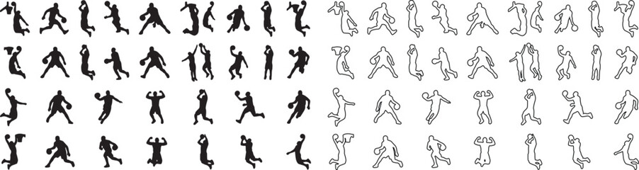 Basketball player silhouettes set, 64 athlete vector icons in black solid and outline styles, professional sports action poses for team branding © Template 