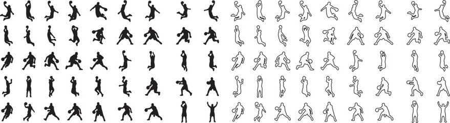 Basketball player silhouettes set, 100 sports action icons in black solid and outline vector styles, athletic jumping and dunking poses for team branding © Template 