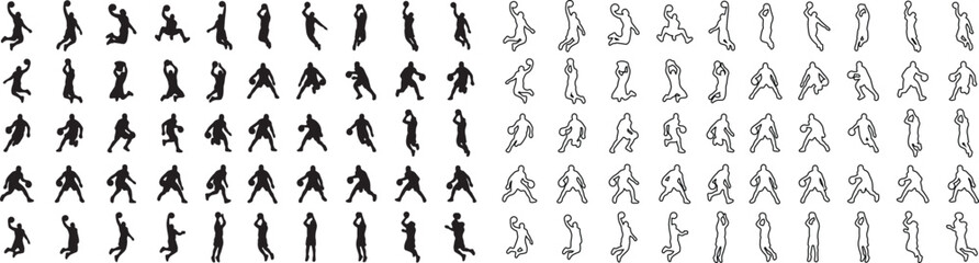 Basketball player silhouettes set, 100 sports action icons in black solid and outline styles, athletic basketball pose collection for graphic design © Template 