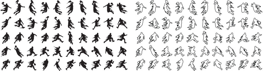 Basketball player silhouettes and line art icons, 100 sports action poses vector set, jumping and dunking athlete figures for competition graphics © Template 