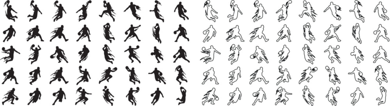 Basketball player silhouettes and line art icons, 70 athletic basketball poses vector set, black sports figures jumping and dribbling